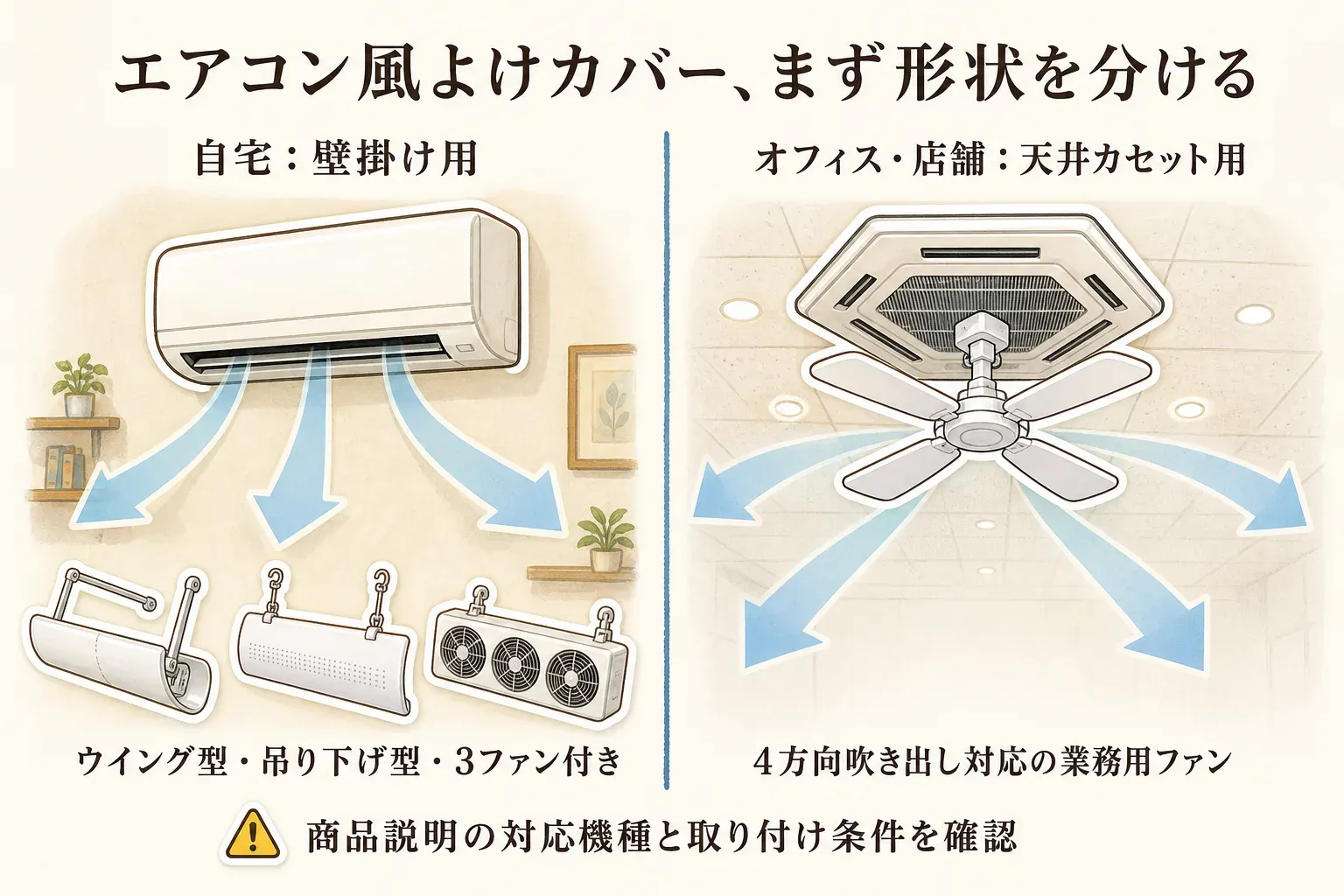 エアコン風よけカバーは、家庭では壁掛けエアコン向けのウイング型・吊り下げ型・3ファン付きから選び、オフィスや店舗では天井カセット4方向吹き出し対応の業務用ファンを選ぶことを、送風のイラストで比較した図。商品説明の対応機種と取り付け条件の確認を促している。