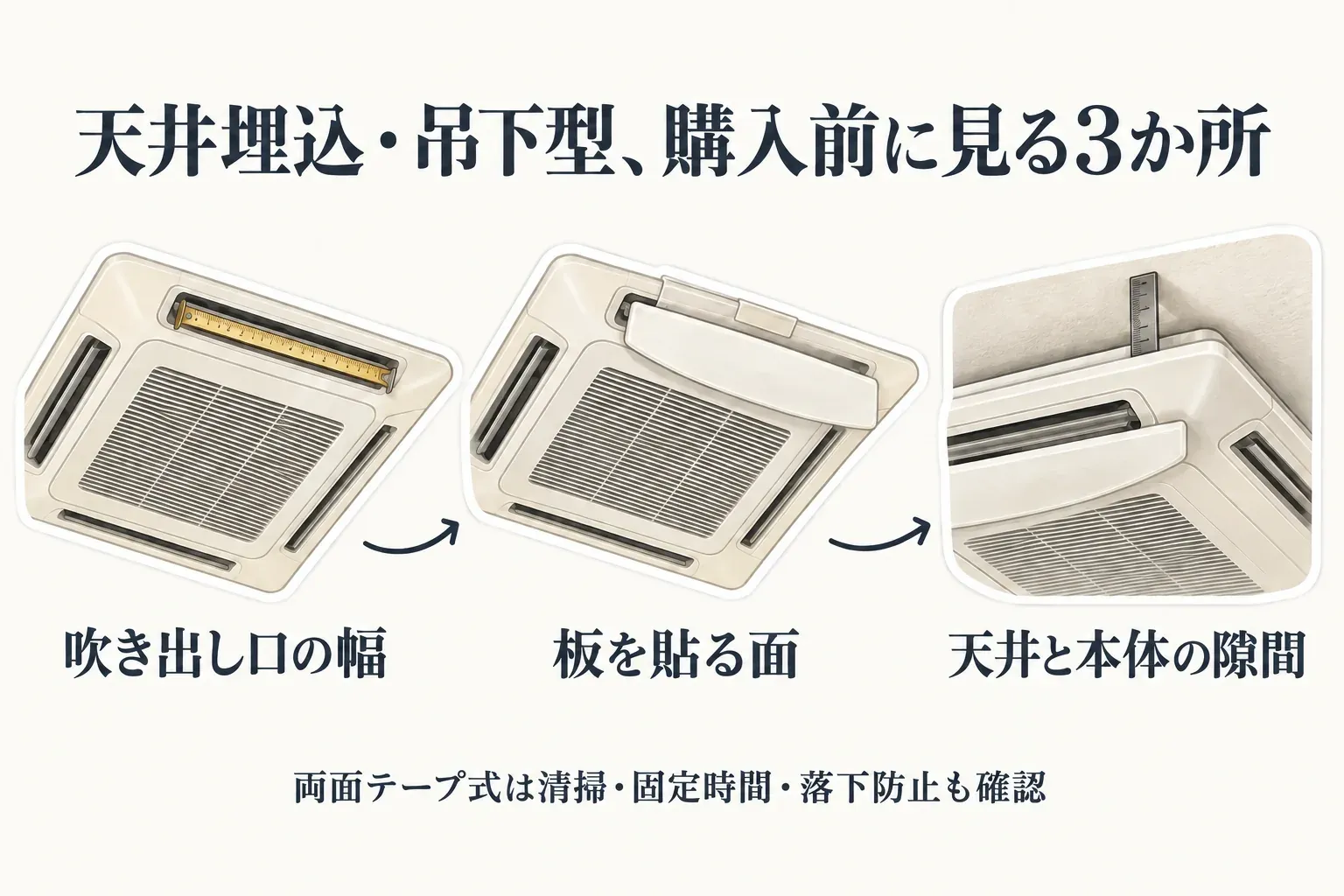 天井埋込・吊下型エアコン用の風向き板を購入前に確認する3か所。吹き出し口の幅、両面テープで板を貼る面、天井とエアコン本体の隙間を図で示し、両面テープ式では清掃・固定時間・落下防止も確認するよう案内している。