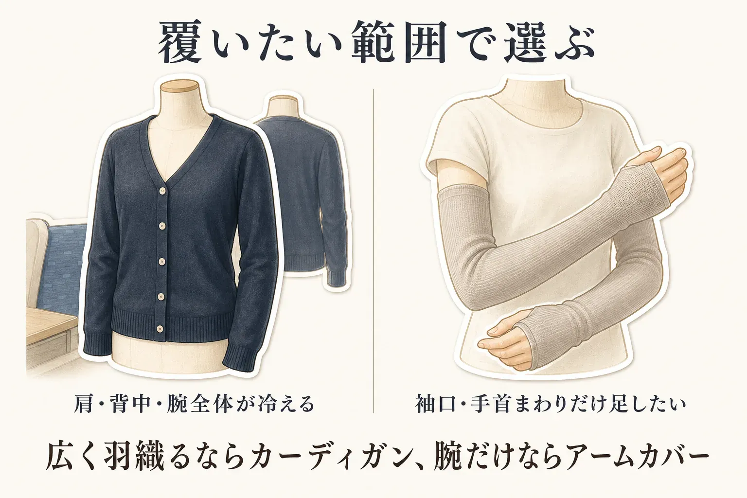 覆いたい範囲で薄手用品を選ぶ比較図。肩・背中・腕全体が冷える場合のネイビーの長袖カーディガンと、半袖の袖口・手首まわりだけを足したい場合のアームカバーを並べ、広く羽織るならカーディガン、腕だけならアームカバーと示している。