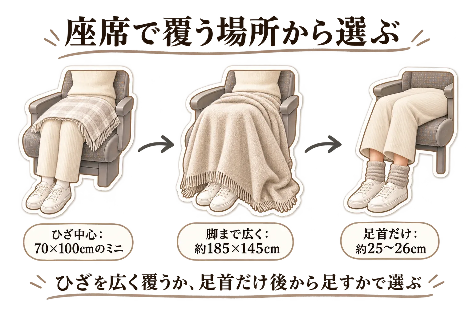 座席での覆う範囲から携帯ひざ掛け・足首ウォーマーを選ぶ図。ひざ中心には70×100cmのミニひざ掛け、脚まで広く覆うには約185×145cmのひざ掛け、足首だけには約25〜26cmの足首ウォーマーを示している。