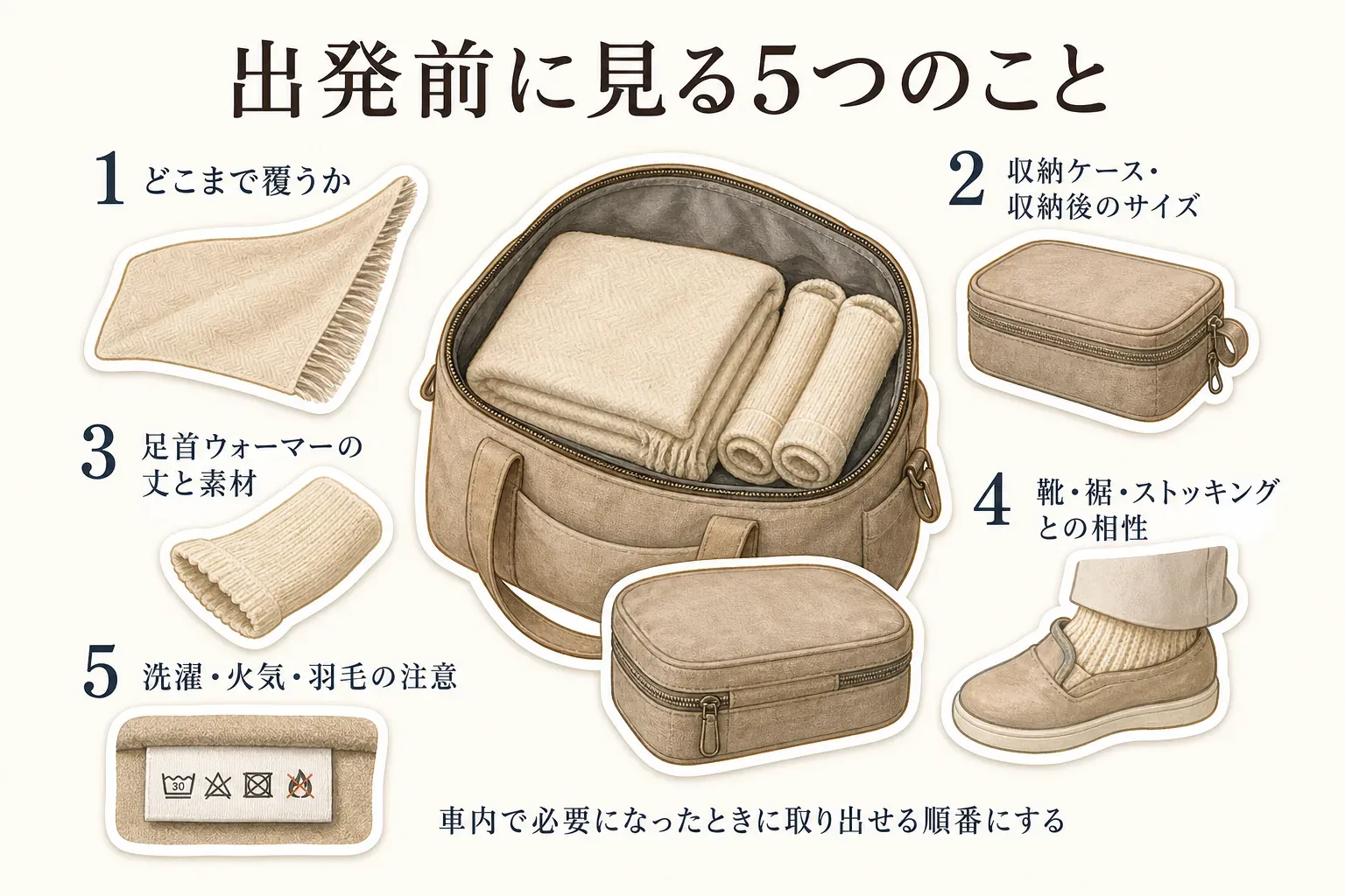 新幹線・長距離バスへ出発する前に携帯ひざ掛けと足首ウォーマーで確認する5項目の図。覆う範囲、収納ケースと収納後のサイズ、足首ウォーマーの丈と素材、靴・裾・ストッキングとの相性、洗濯・火気・羽毛に関する注意を、バッグに入れた用品とともに示している。