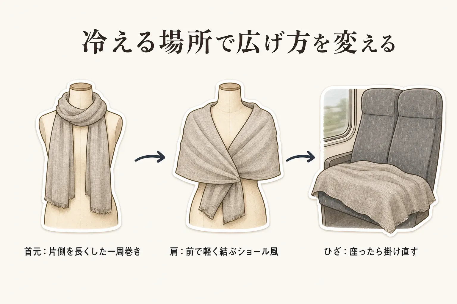 冷える場所に合わせた秋の薄手ストールの広げ方。首元は片側を長くした一周巻き、肩は前で軽く結ぶショール風、電車で座るときはひざへ掛け直す使い方を、順にイラストで示している。