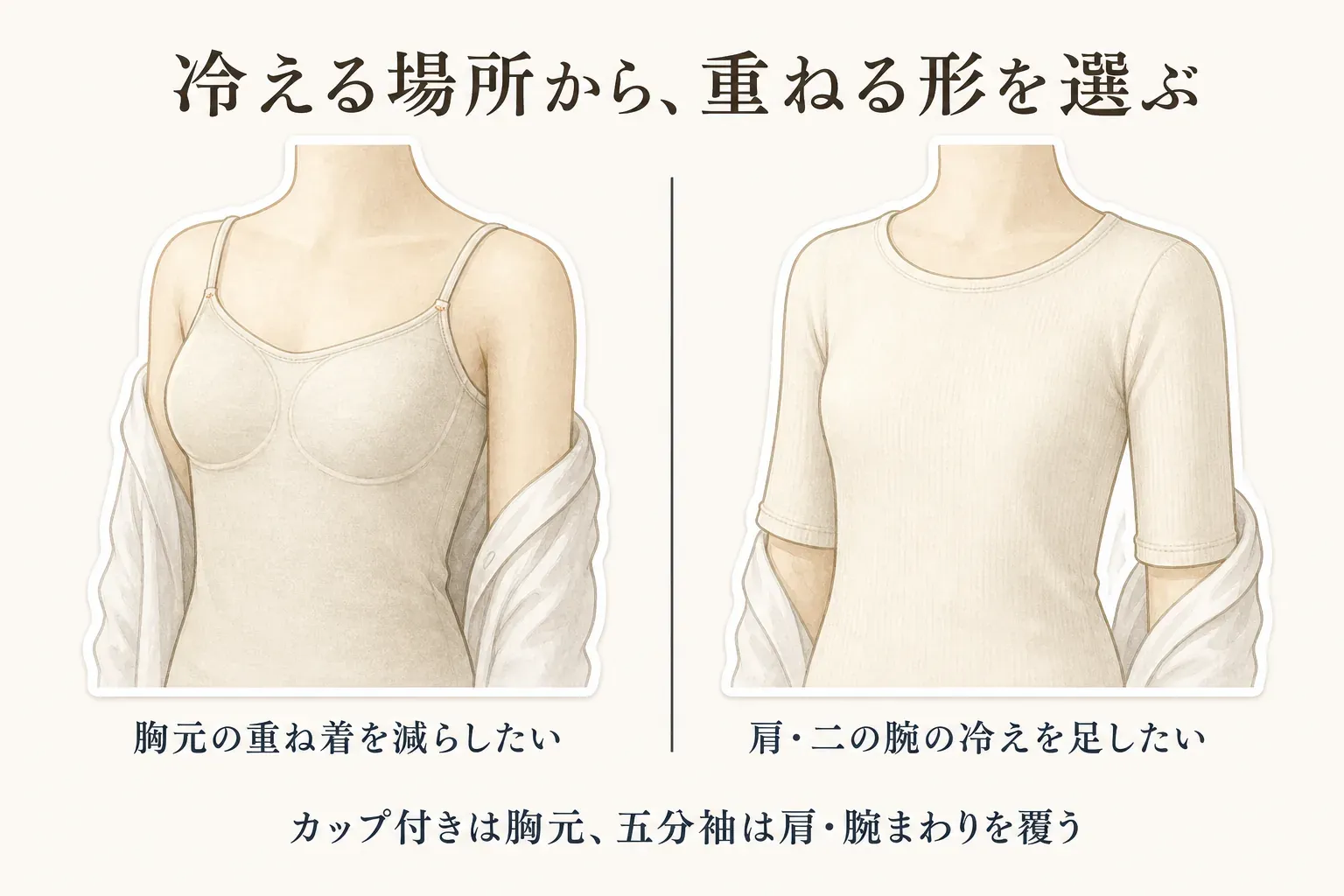 冷える場所から重ねる形を選ぶ比較図。胸元の重ね着を減らしたい場合のカップ付きキャミソールと、肩・二の腕の冷えを補いたい場合の五分袖インナーを並べ、カップ付きは胸元、五分袖は肩・腕まわりを覆うことを示している。