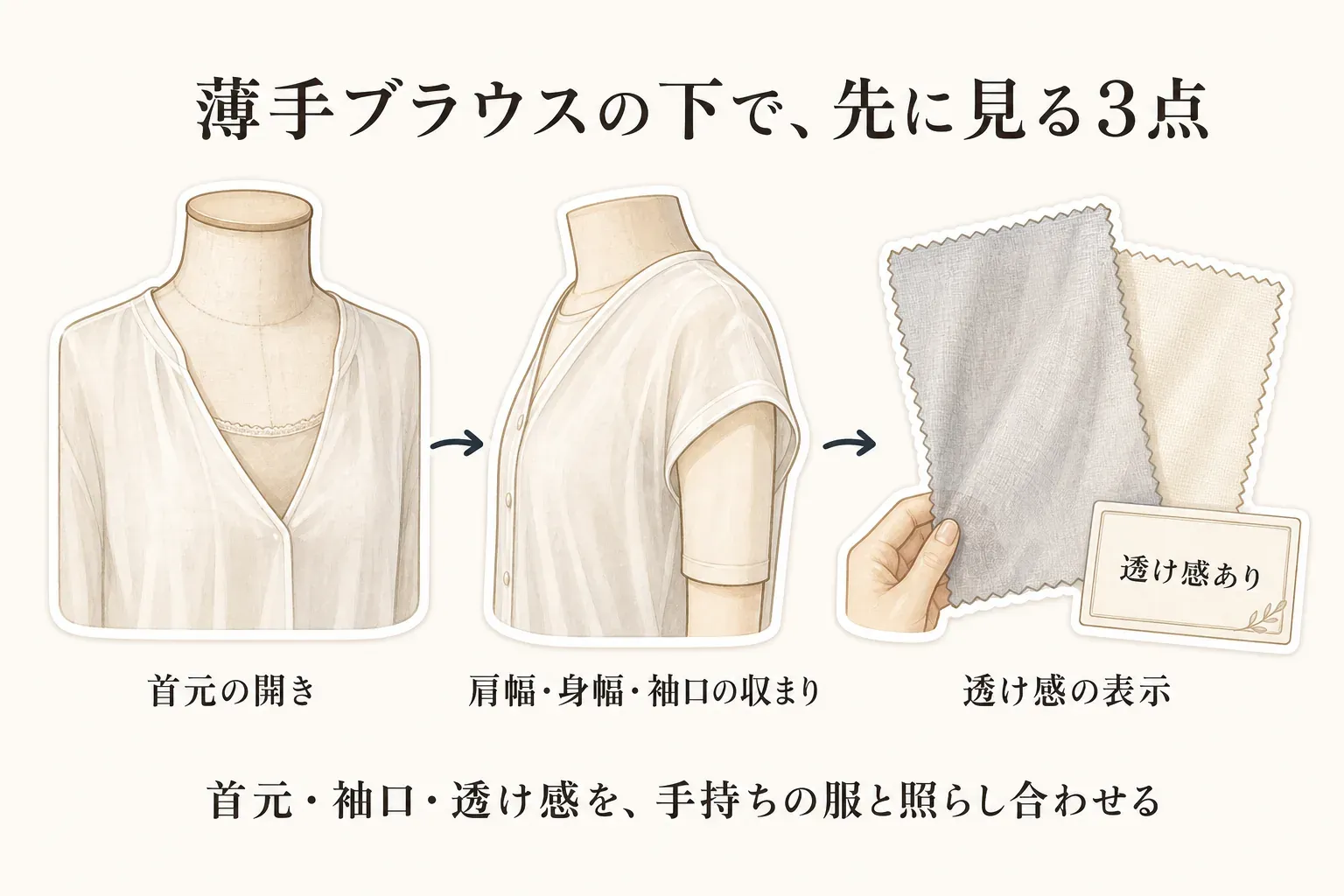 薄手ブラウスの下で先に見る3点を示す図。ブラウスの首元の開き、五分袖インナーを重ねた肩幅・身幅・袖口の収まり、素材見本と「透け感あり」の表示を並べ、手持ちの服と照らし合わせることを示している。