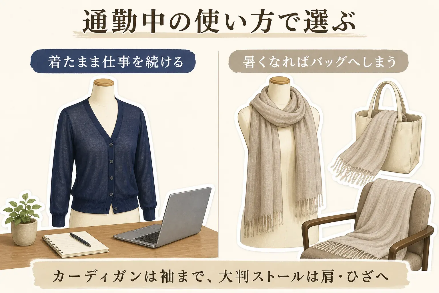 通勤中の使い方でカーディガンと大判ストールを比べる図。カーディガンはデスクで袖まで覆って着たまま仕事を続ける服、大判ストールは肩やひざに掛け、暑くなればバッグへしまえるものとして描かれている。