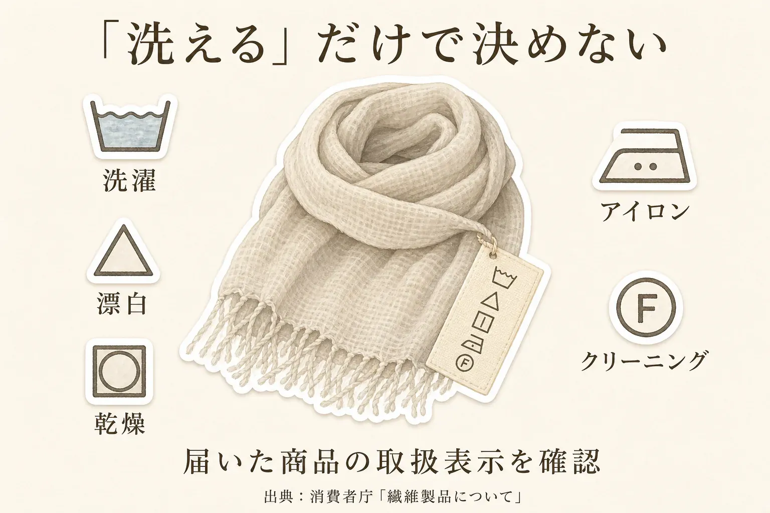 ストールと取扱表示タグを中心に、洗濯、漂白、乾燥、アイロン、クリーニングの記号を確認する図。「洗える」だけで決めず、届いた商品の取扱表示を確認するよう示している。出典：消費者庁「繊維製品について」。