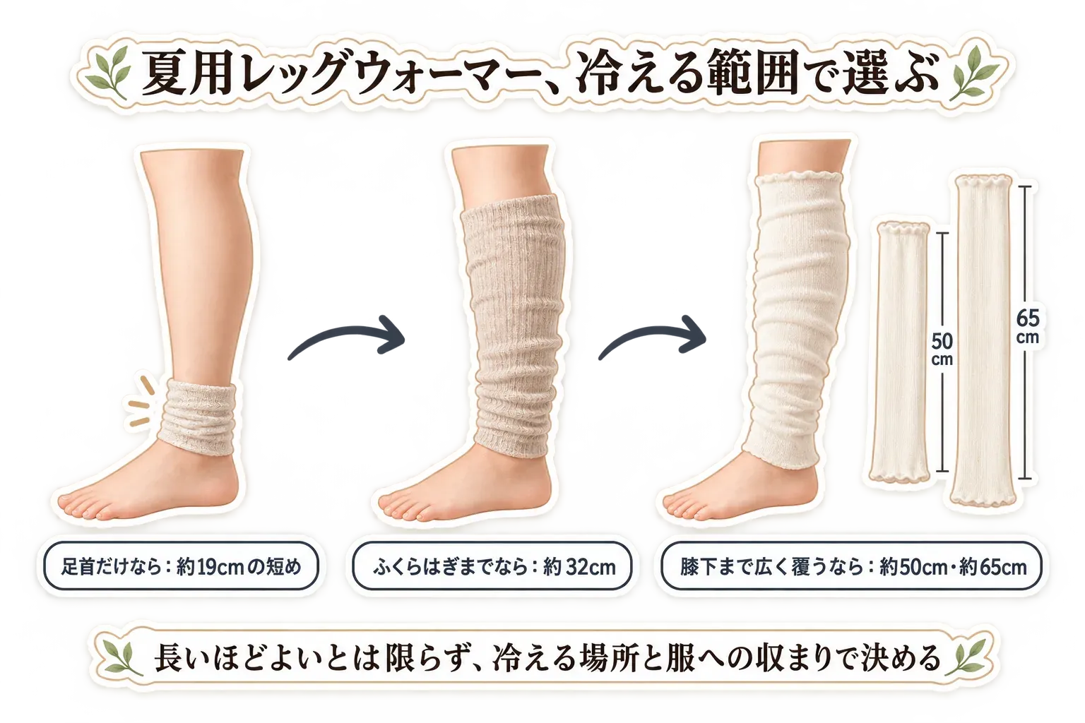 夏用レッグウォーマーを冷える範囲で選ぶ図。足首だけなら約19cmの短め、ふくらはぎまでなら約32cm、膝下まで広く覆うなら約50cmまたは約65cmを示し、長さではなく冷える場所と服への収まりで決めると説明している。