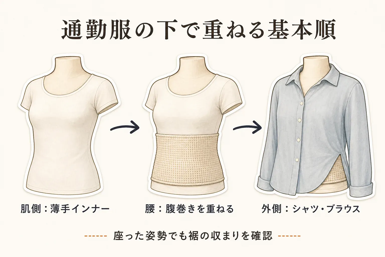 通勤服の下で重ねる基本順を示す図。肌側に薄手インナーを着て、その上の腰まわりに腹巻きを重ね、外側にシャツまたはブラウスを着る順番と、座った姿勢でも裾の収まりを確認する点を示している。