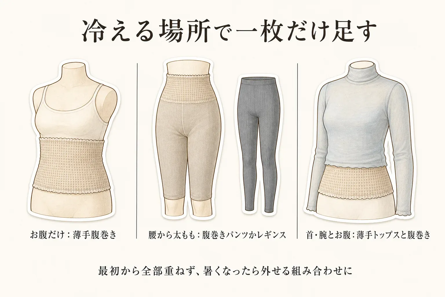 冷える場所ごとに一枚だけ足す重ね着の3パターンを示す図。お腹だけには薄手腹巻き、腰から太ももには腹巻きパンツまたはレギンス、首・腕とお腹には薄手トップスと腹巻きを組み合わせ、暑くなったら外せるよう最初から全部重ねない考え方を示している。