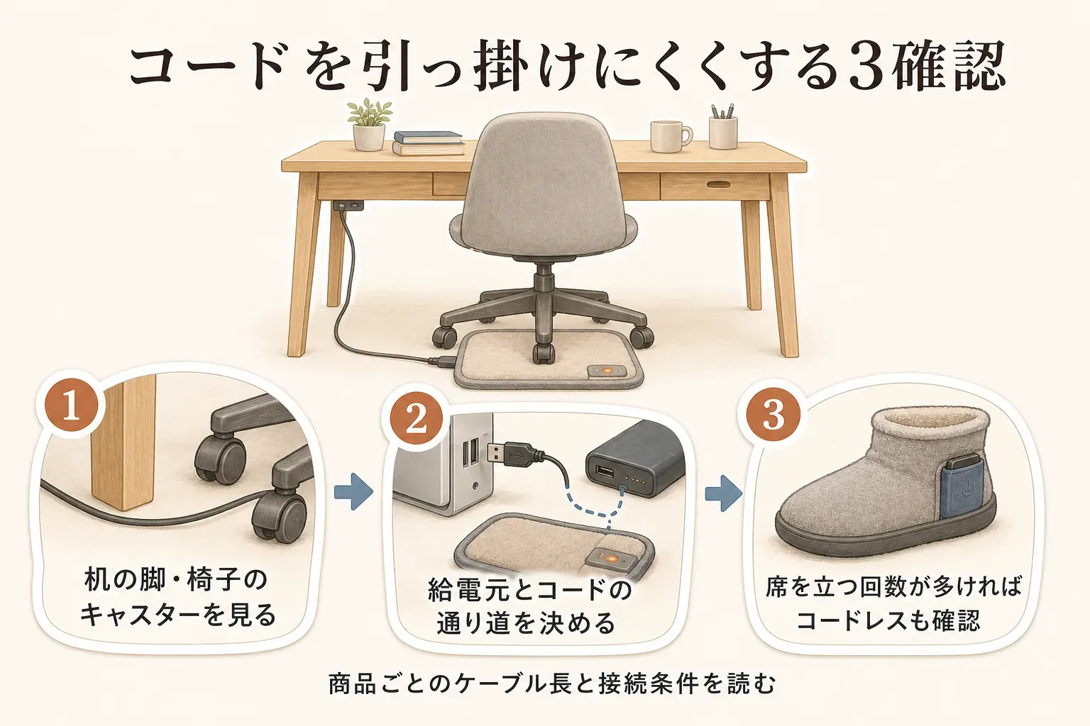 机の下でUSBフットウォーマーのコードを引っ掛けにくくする3つの確認を示す図。机の脚と椅子のキャスターを確認する様子、パソコンまたはモバイルバッテリーの給電元とコードの通り道を決める様子、席を立つ回数が多い場合にバッテリー付きコードレス電気スリッパを確認する様子を描き、商品ごとのケーブル長と接続条件を読むよう案内している。