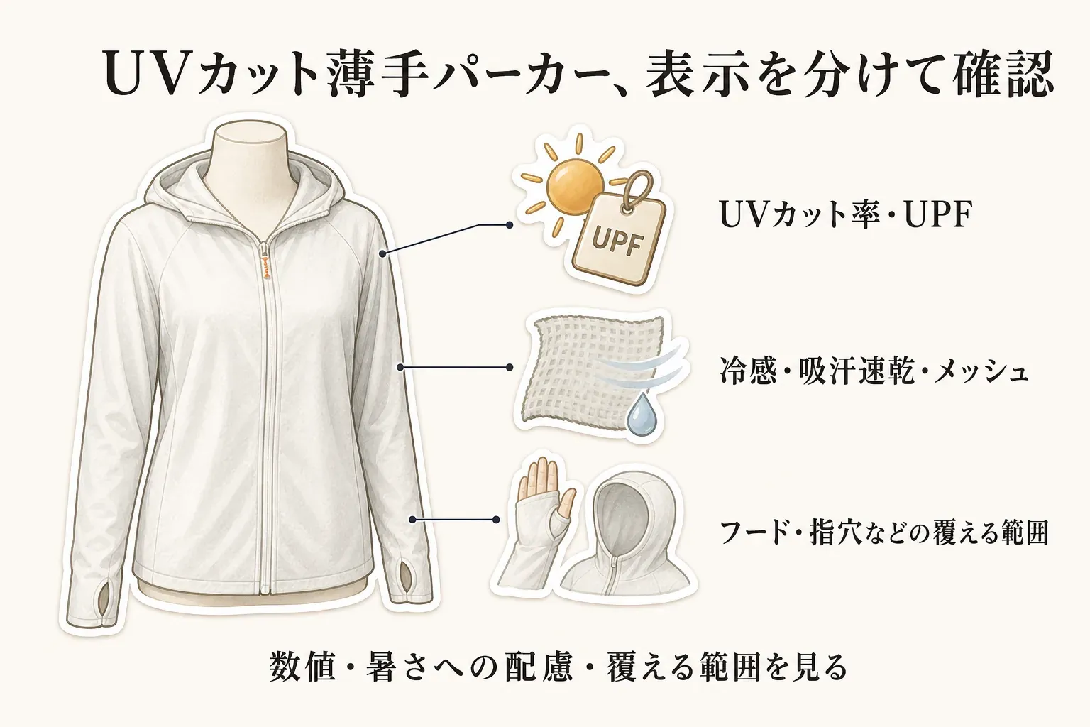 UVカット薄手パーカーの確認項目を示す図。フード付きで指穴のあるパーカーに、UVカット率・UPF、冷感・吸汗速乾・メッシュ、フード・指穴などの覆える範囲を対応づけ、数値・暑さへの配慮・覆える範囲を見るよう示している。